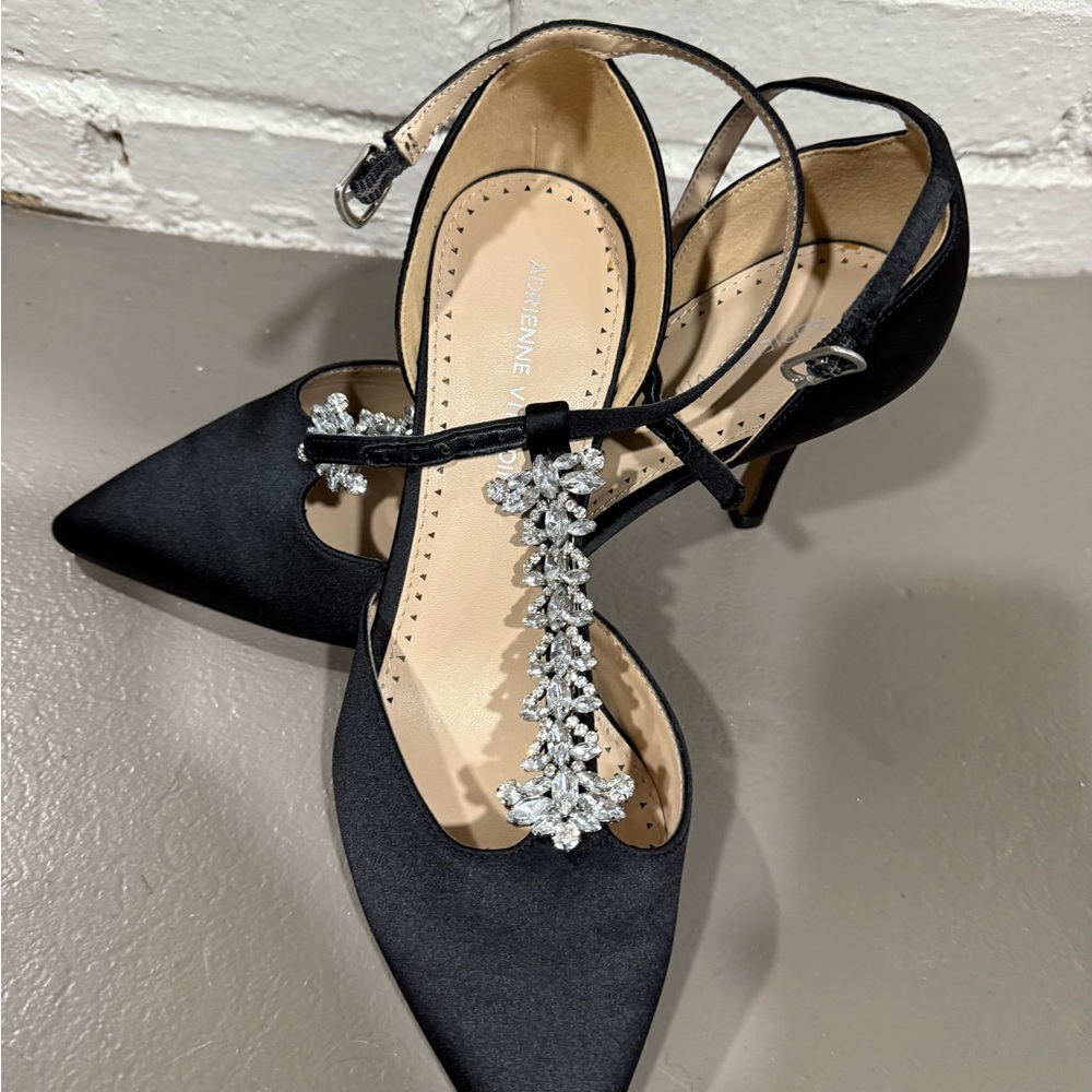 Adrienne Vittadini Black Satin Heels with Crystal Detail